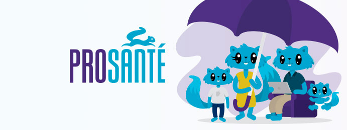 Logo Prosanté avec une illustration d'une famille écureuil sous un parapluie